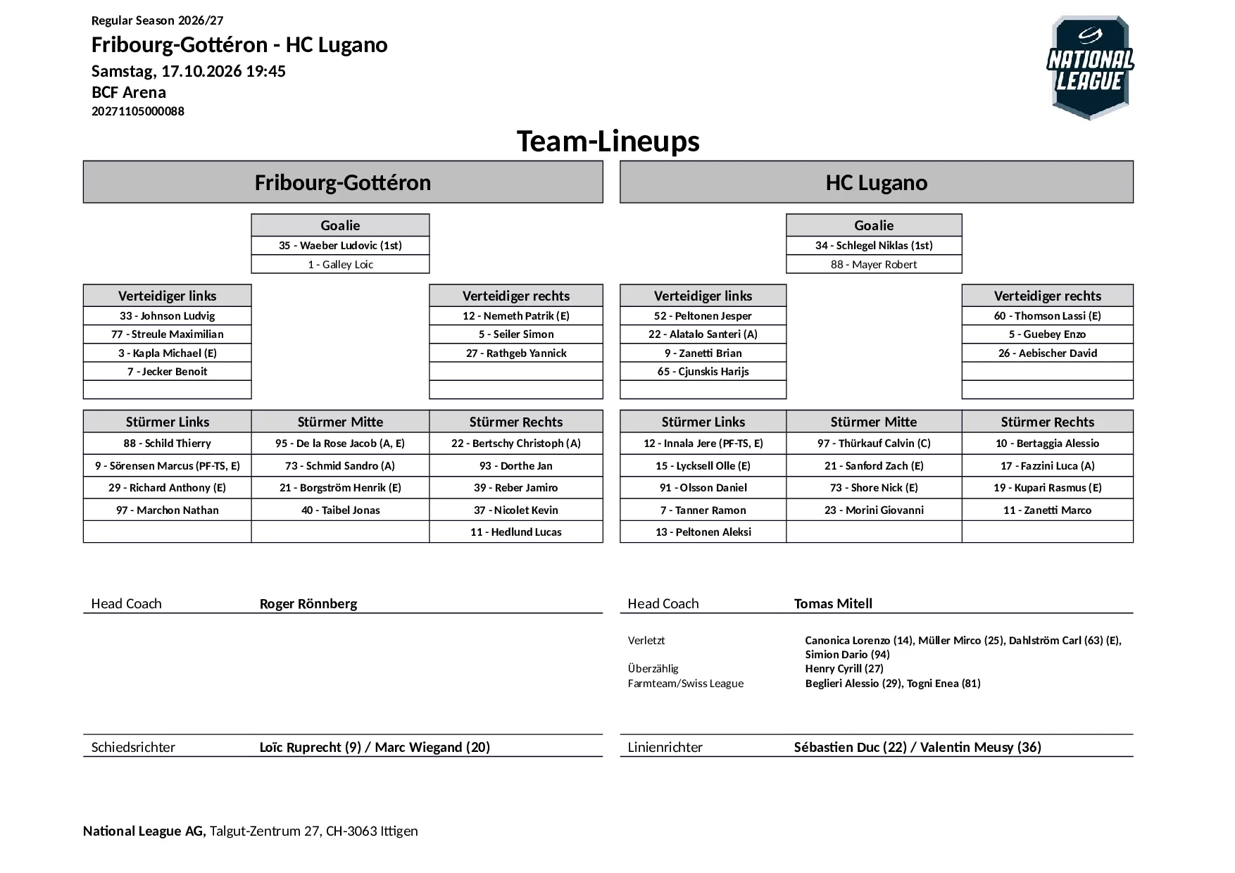 Formation des équipes et joueurs indisponibles pour le match Fribourg-Gottéron vs HC Lugano