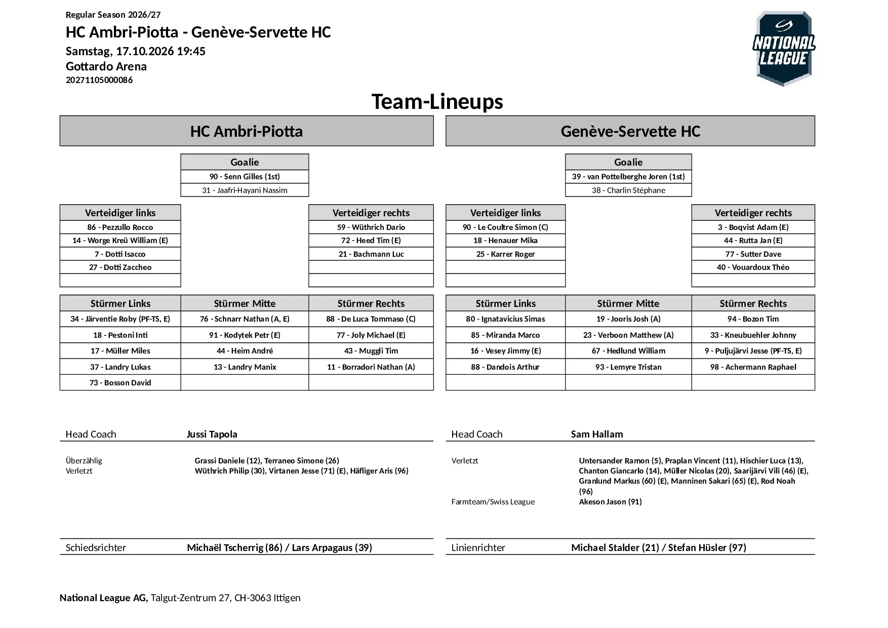 Formation des équipes et joueurs indisponibles pour le match HC Ambri-Piotta vs Genève-Servette HC