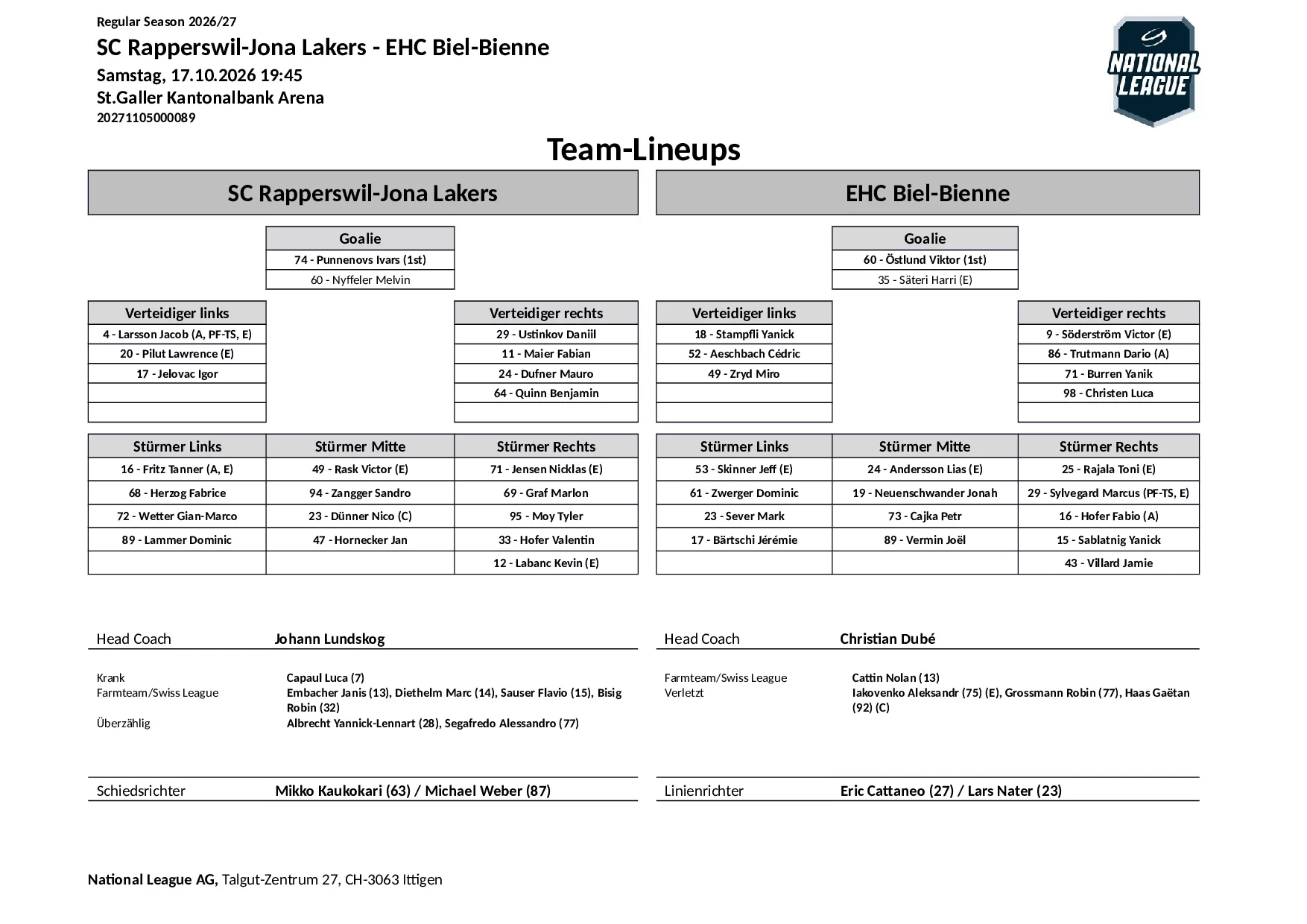 Formation des équipes et joueurs indisponibles pour le match SC Rapperswil-Jona Lakers vs EHC Biel-Bienne