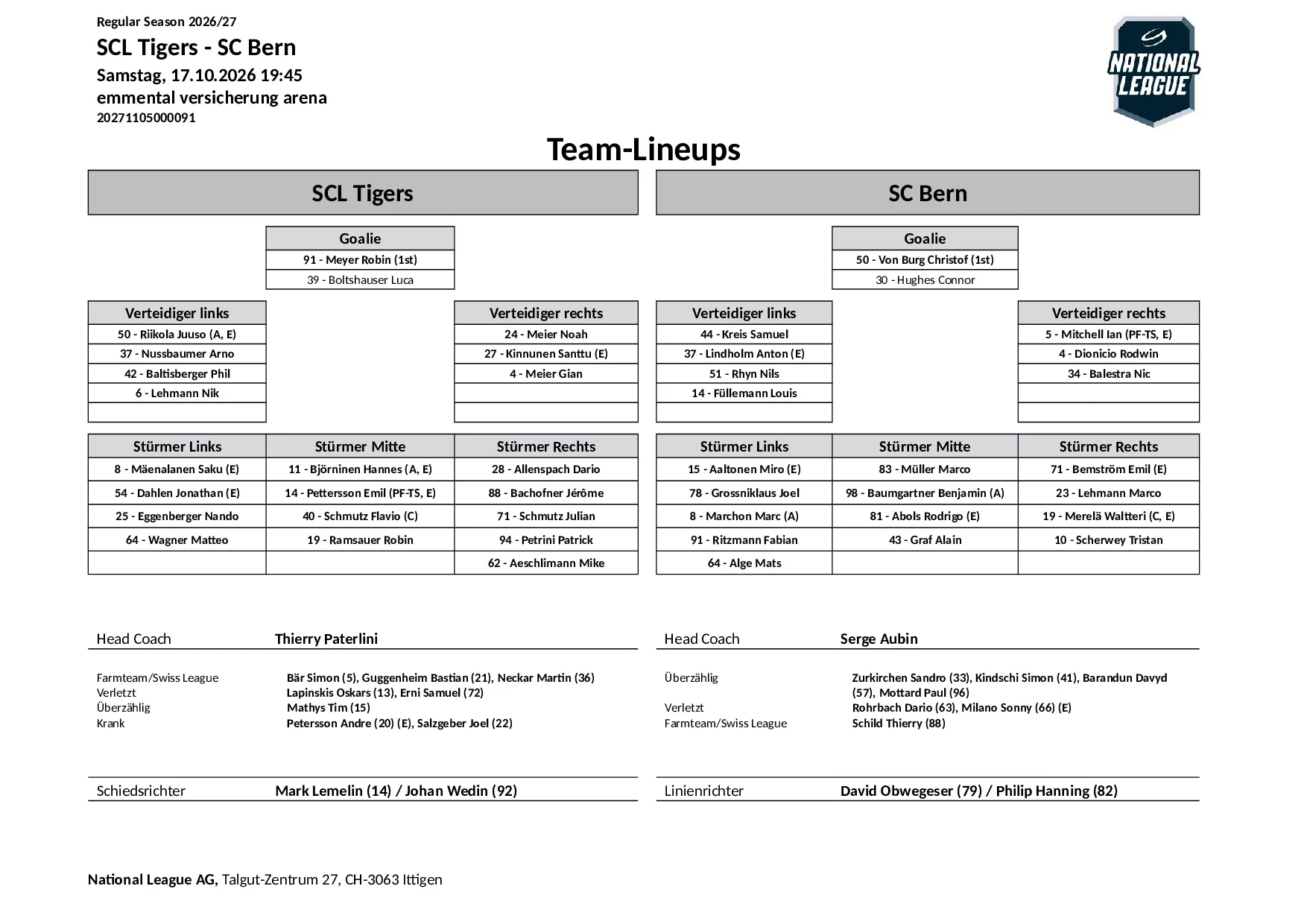 Formation des équipes et joueurs indisponibles pour le match SCL Tigers vs SC Bern