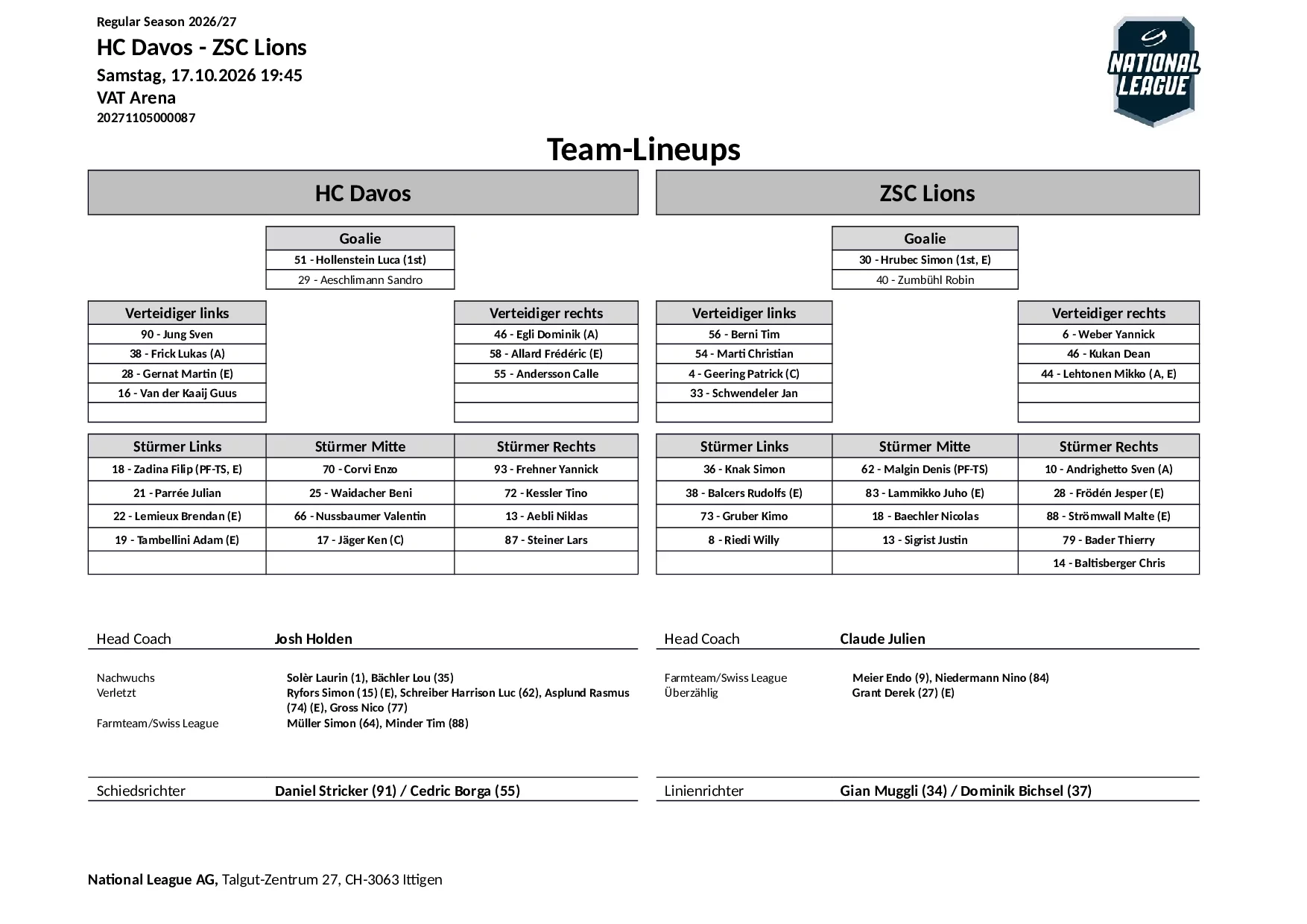 Formation des équipes et joueurs indisponibles pour le match HC Davos vs ZSC Lions
