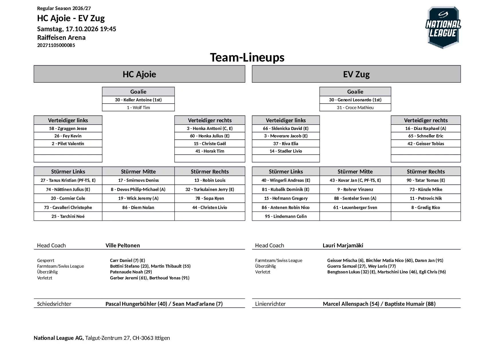 Formation des équipes et joueurs indisponibles pour le match HC Ajoie vs EV Zug