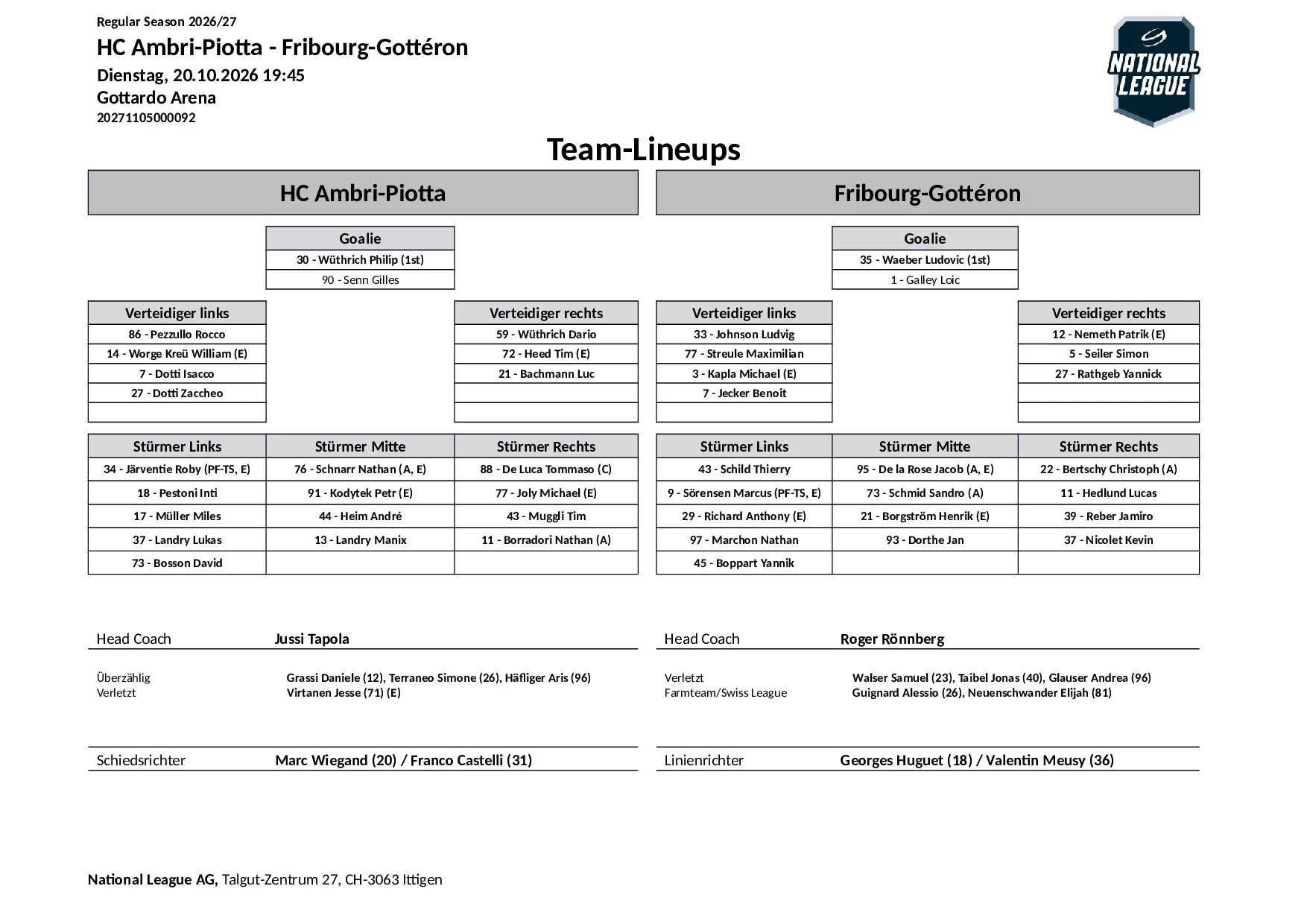 Formation des équipes et joueurs indisponibles pour le match HC Ambri-Piotta vs Fribourg-Gottéron