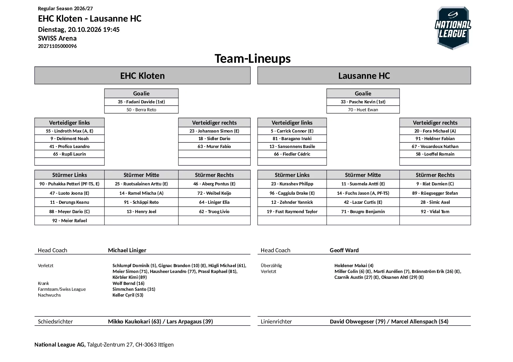 Formation des équipes et joueurs indisponibles pour le match EHC Kloten vs Lausanne HC