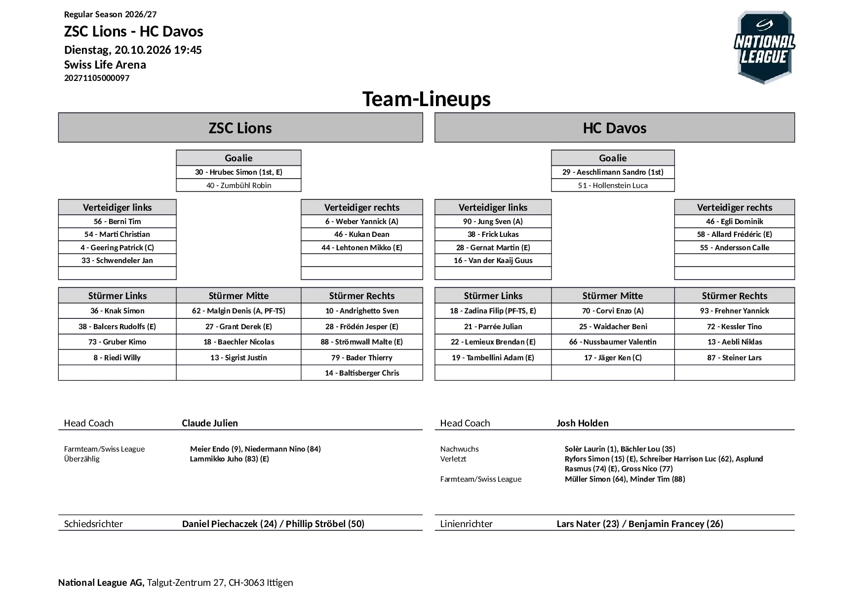 Formation des équipes et joueurs indisponibles pour le match ZSC Lions vs HC Davos
