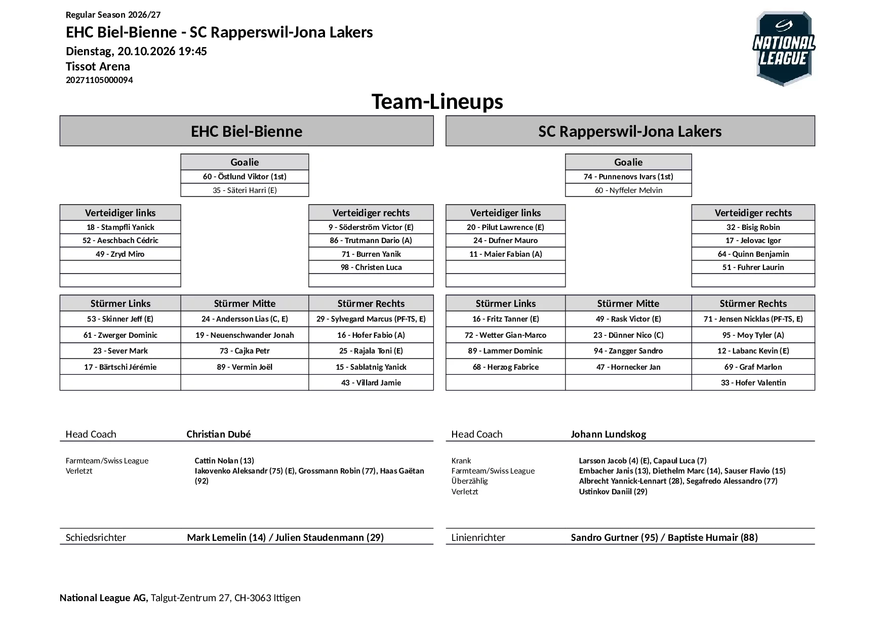 Formation des équipes et joueurs indisponibles pour le match EHC Biel-Bienne vs SC Rapperswil-Jona Lakers