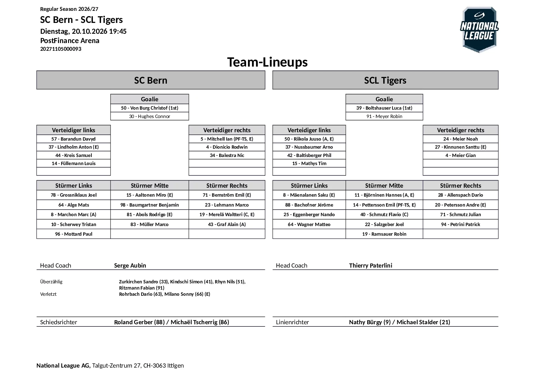 Formation des équipes et joueurs indisponibles pour le match SC Bern vs SCL Tigers