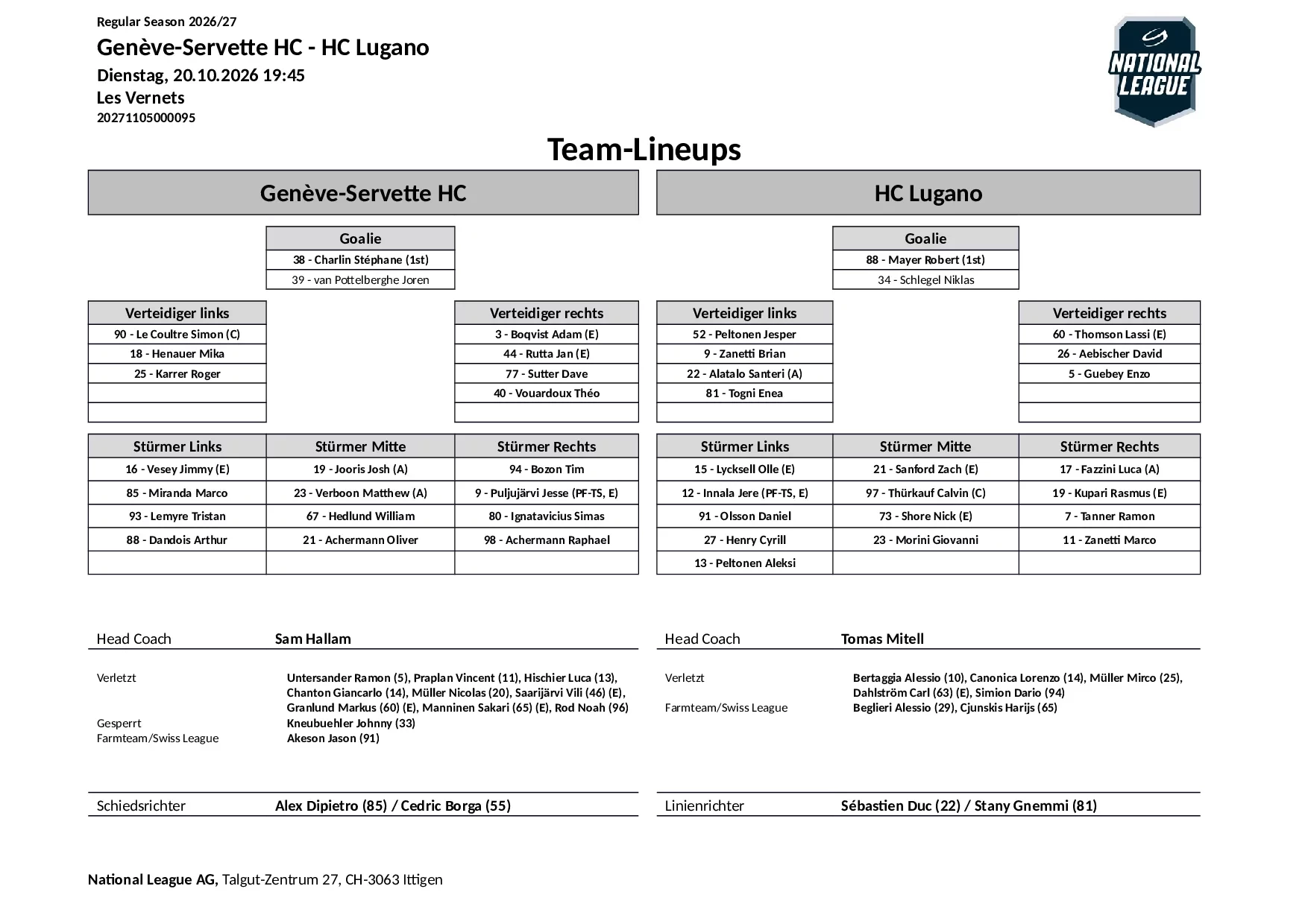 Formation des équipes et joueurs indisponibles pour le match Genève-Servette HC vs HC Lugano