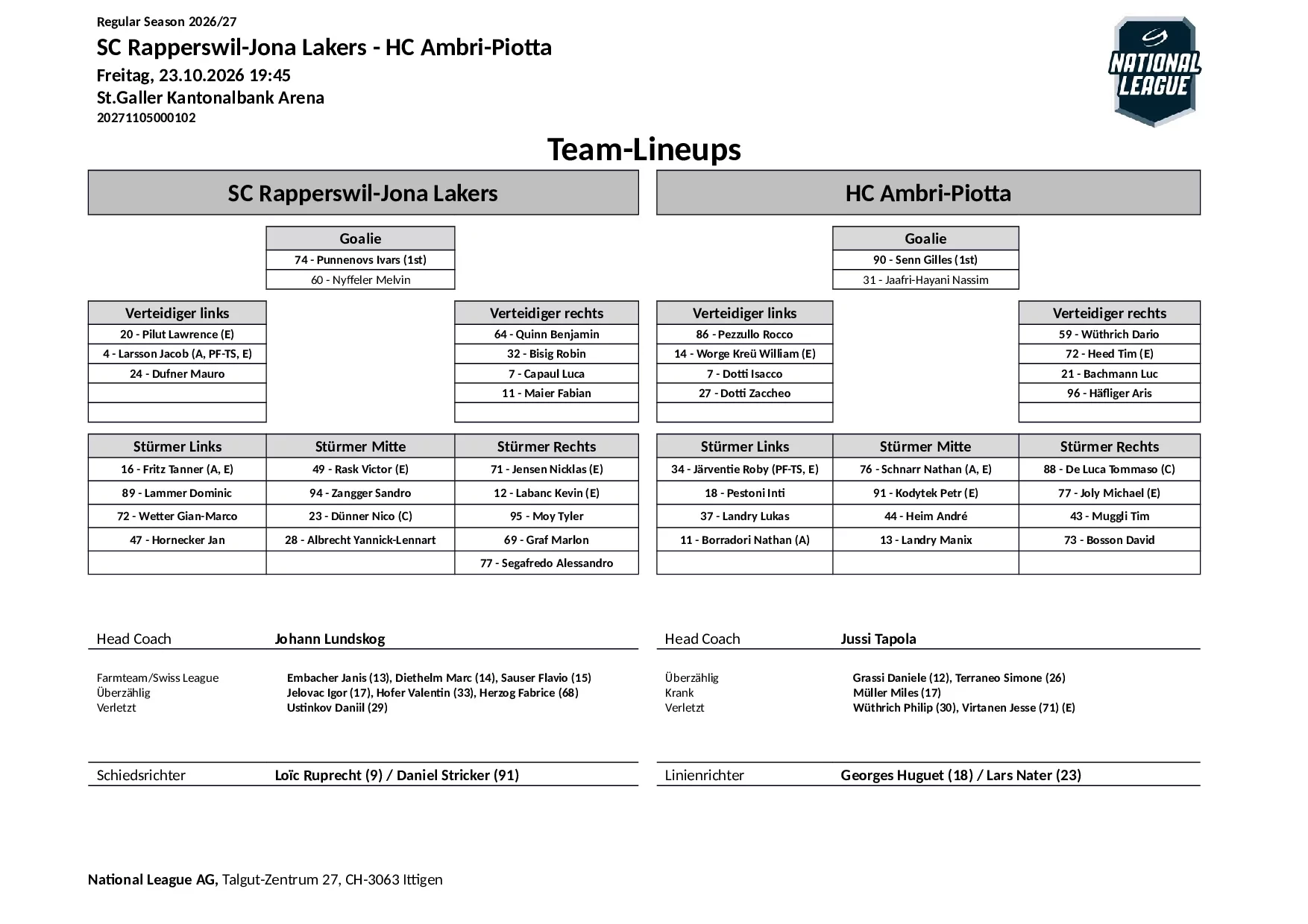 Formation des équipes et joueurs indisponibles pour le match SC Rapperswil-Jona Lakers vs HC Ambri-Piotta