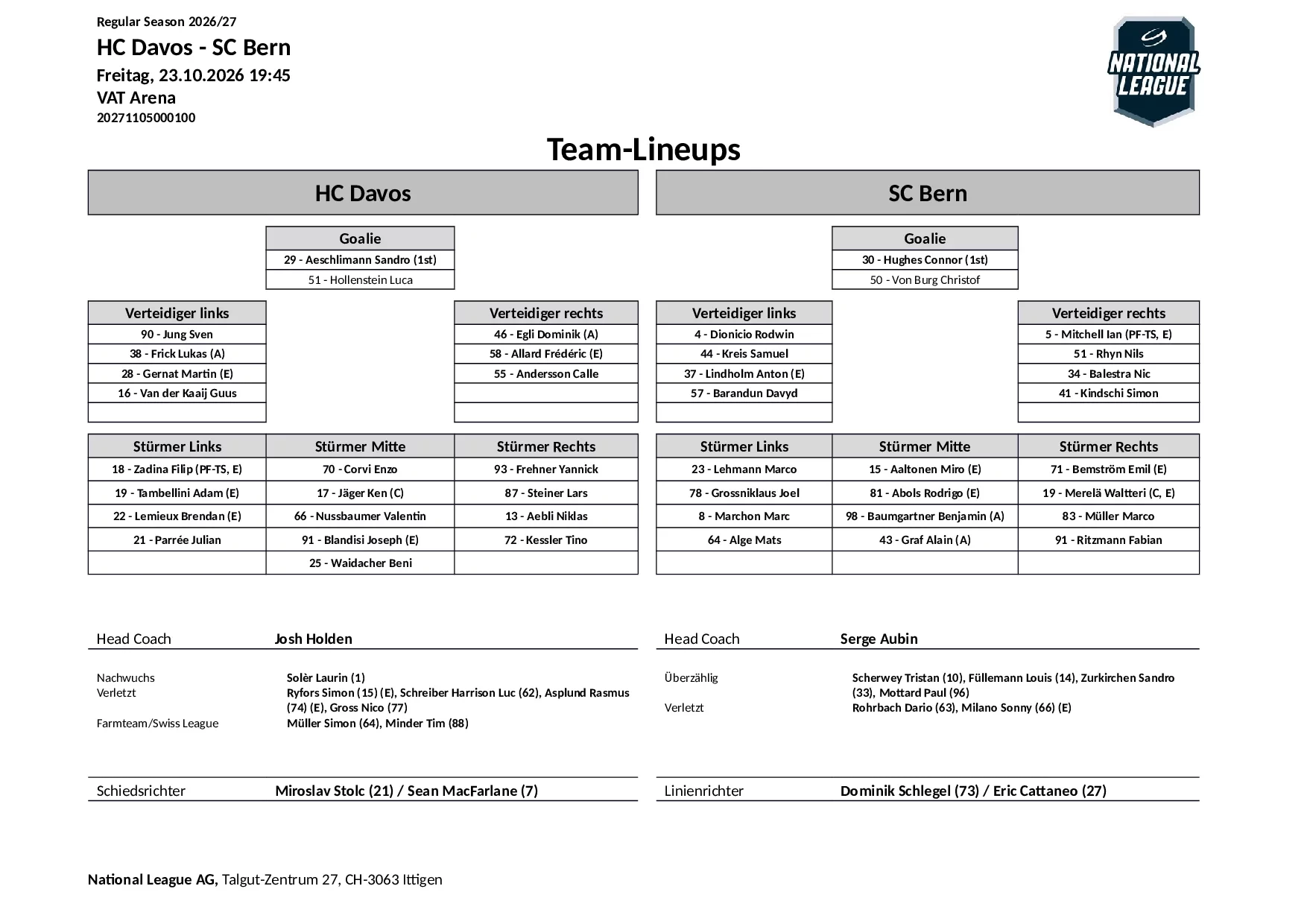 Formation des équipes et joueurs indisponibles pour le match HC Davos vs SC Bern