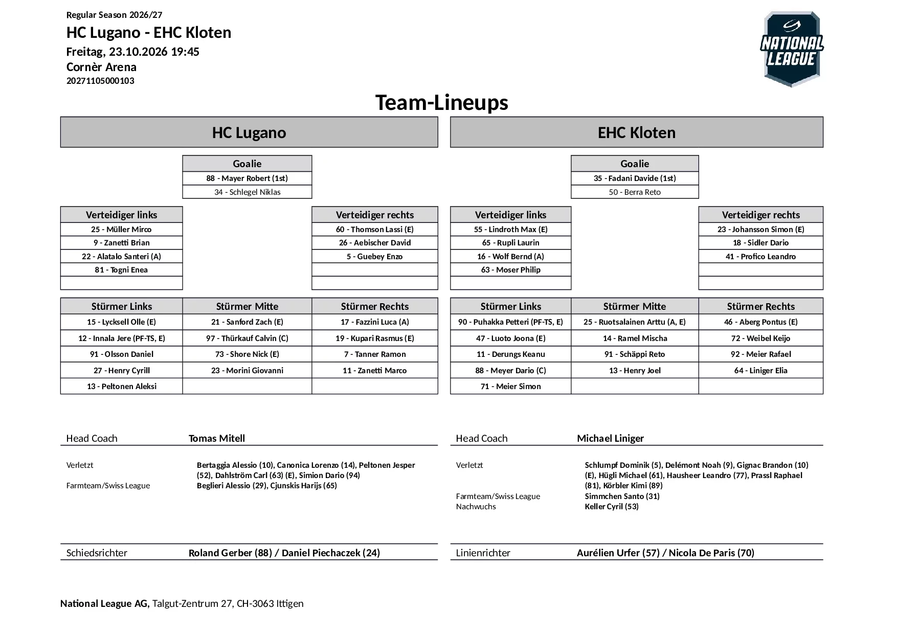Formation des équipes et joueurs indisponibles pour le match HC Lugano vs EHC Kloten