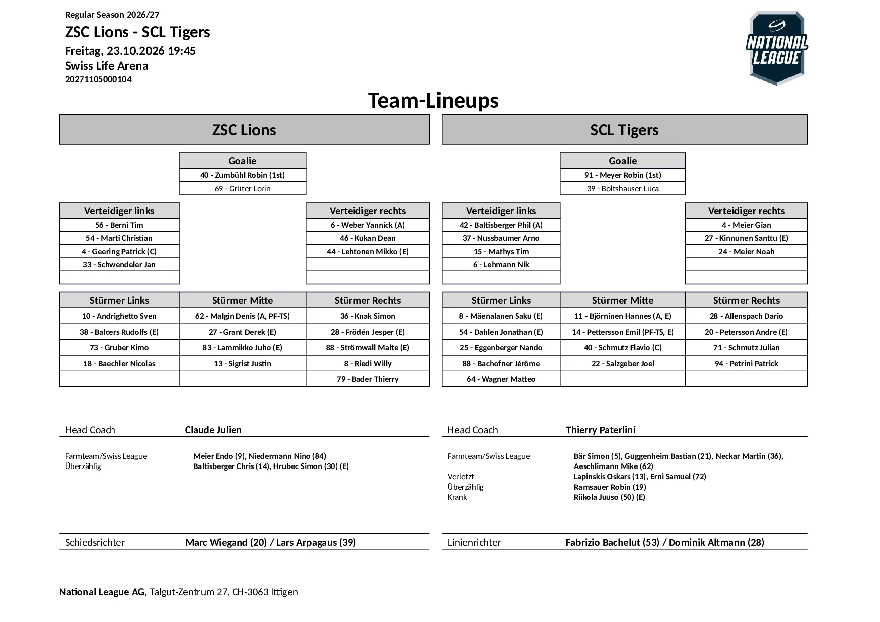 Formation des équipes et joueurs indisponibles pour le match ZSC Lions vs SCL Tigers