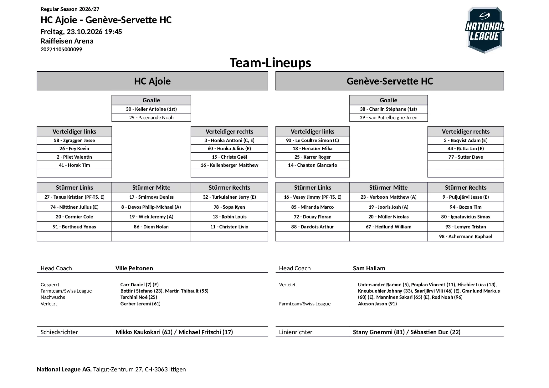 Formation des équipes et joueurs indisponibles pour le match HC Ajoie vs Genève-Servette HC