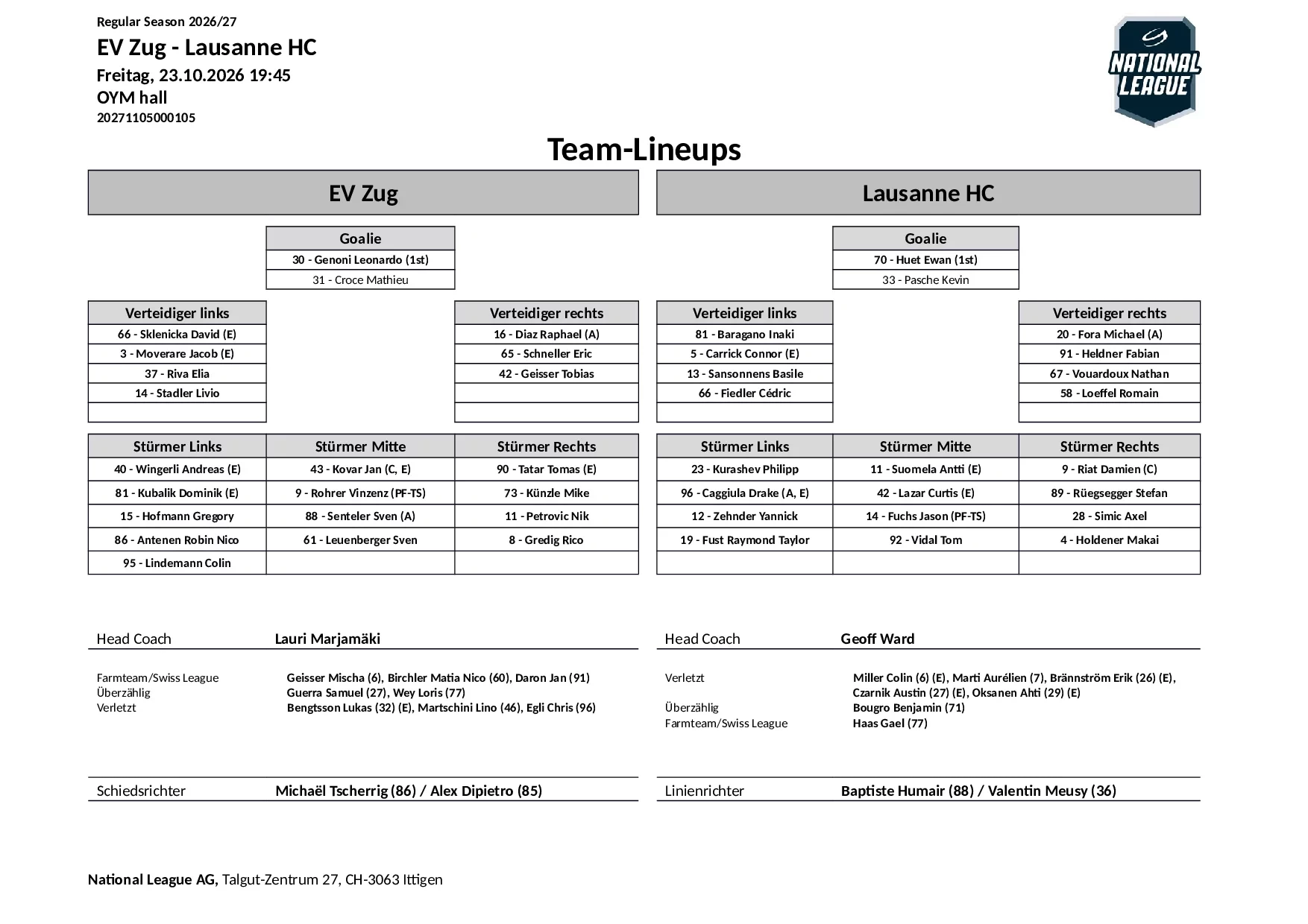 Formation des équipes et joueurs indisponibles pour le match EV Zug vs Lausanne HC