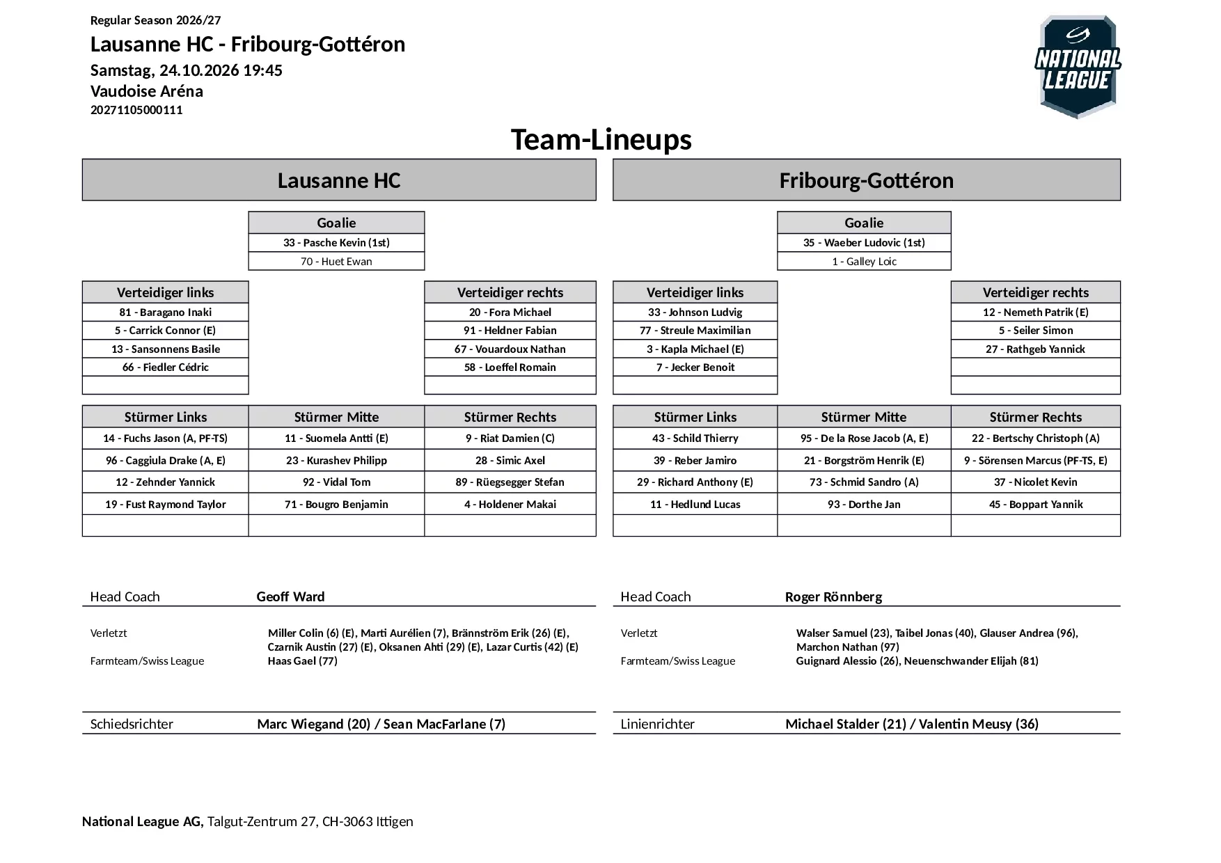 Formation des équipes et joueurs indisponibles pour le match Lausanne HC vs Fribourg-Gottéron