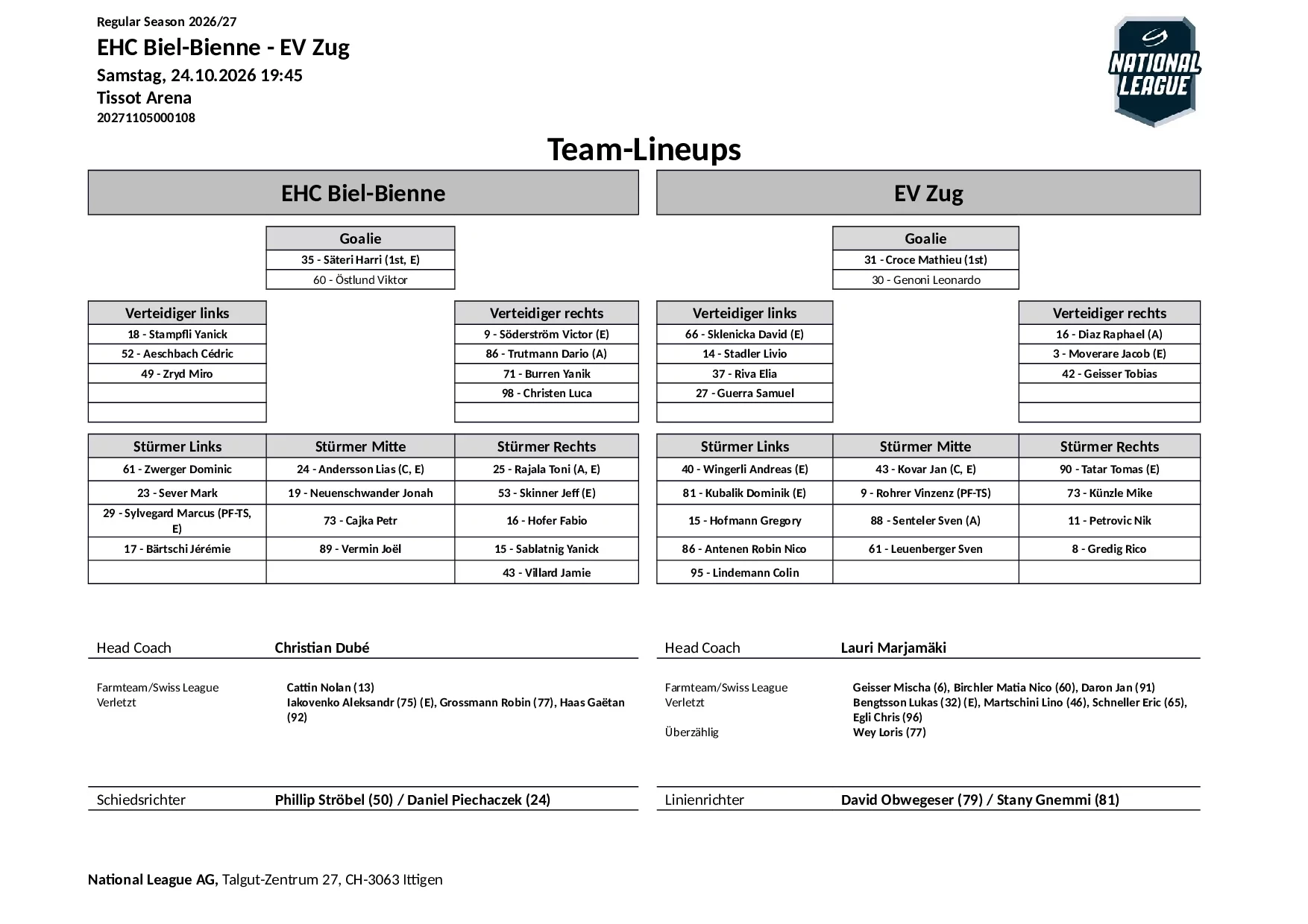Formation des équipes et joueurs indisponibles pour le match EHC Biel-Bienne vs EV Zug