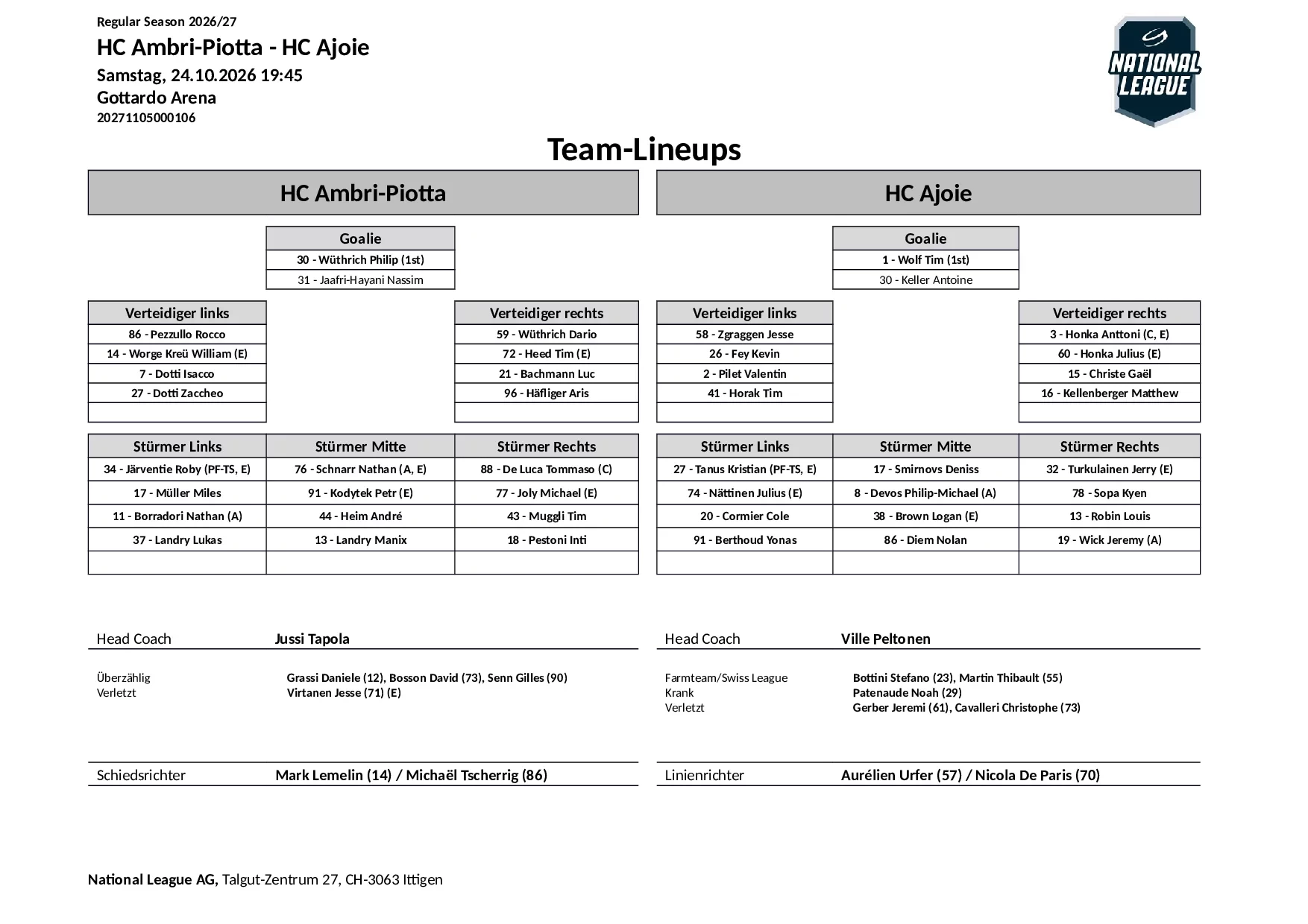 Formation des équipes et joueurs indisponibles pour le match HC Ambri-Piotta vs HC Ajoie