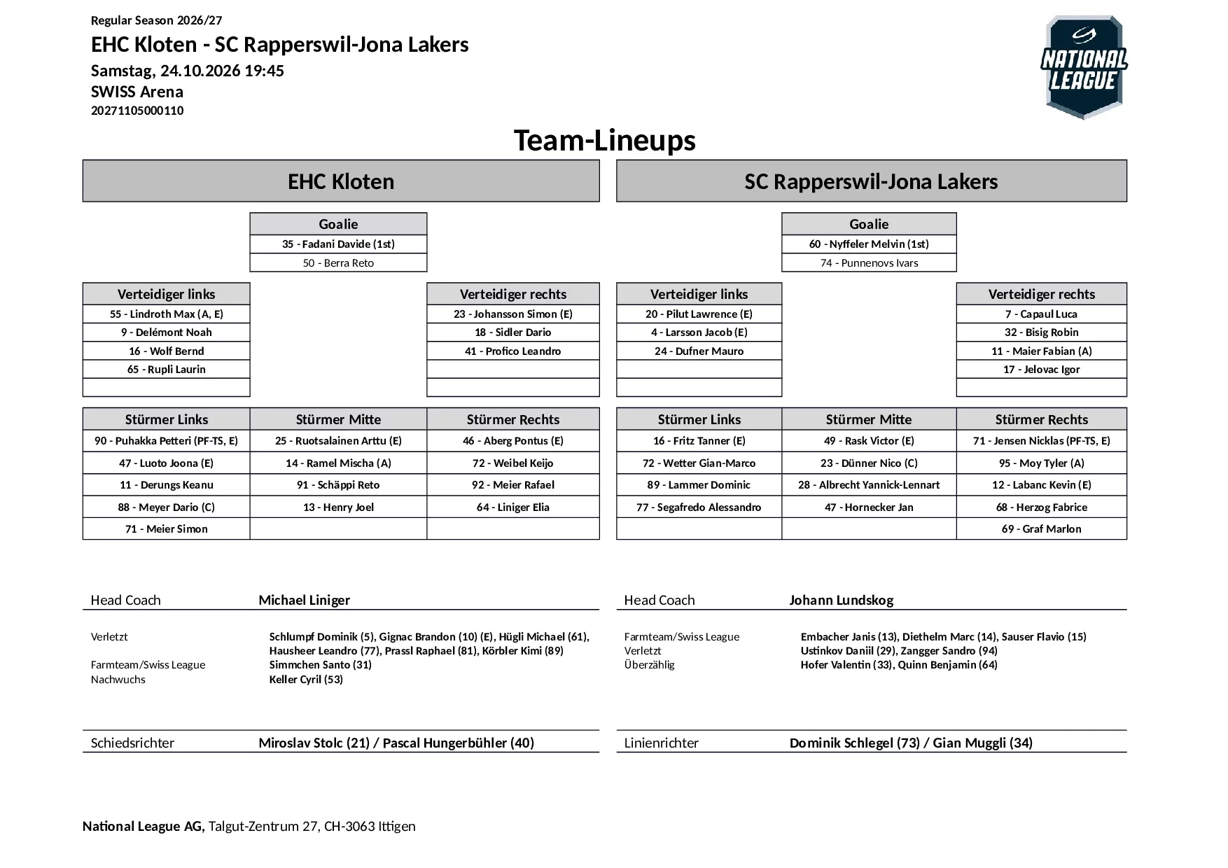 Formation des équipes et joueurs indisponibles pour le match EHC Kloten vs SC Rapperswil-Jona Lakers