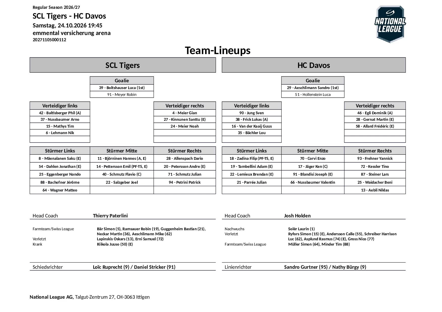 Formation des équipes et joueurs indisponibles pour le match SCL Tigers vs HC Davos
