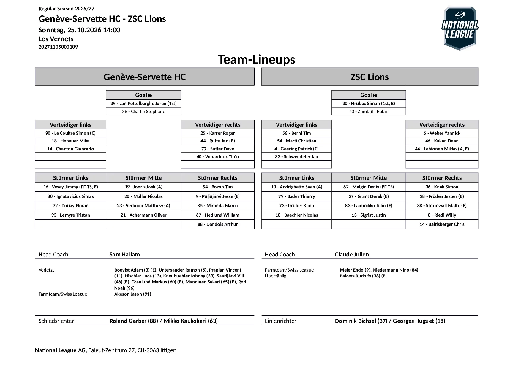 Formation des équipes et joueurs indisponibles pour le match Genève-Servette HC vs ZSC Lions