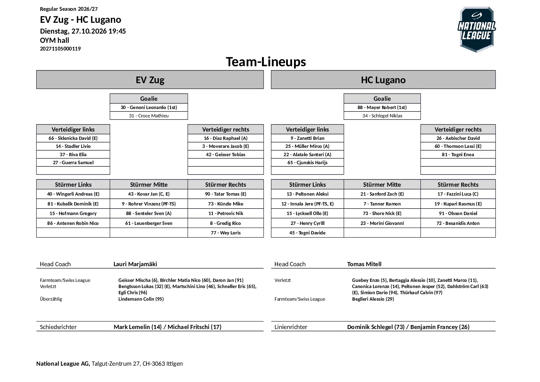 Formation des équipes et joueurs indisponibles pour le match EV Zug vs HC Lugano