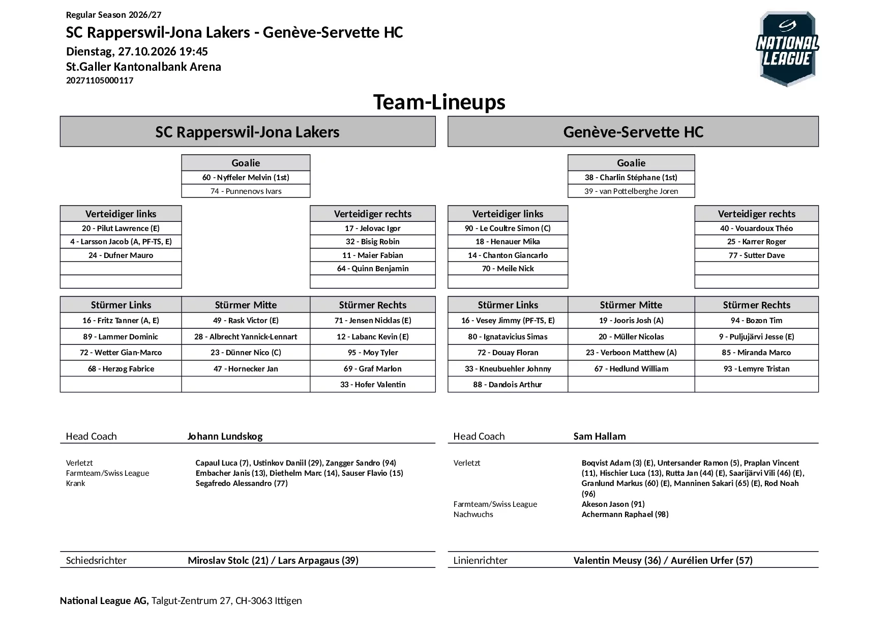 Formation des équipes et joueurs indisponibles pour le match SC Rapperswil-Jona Lakers vs Genève-Servette HC