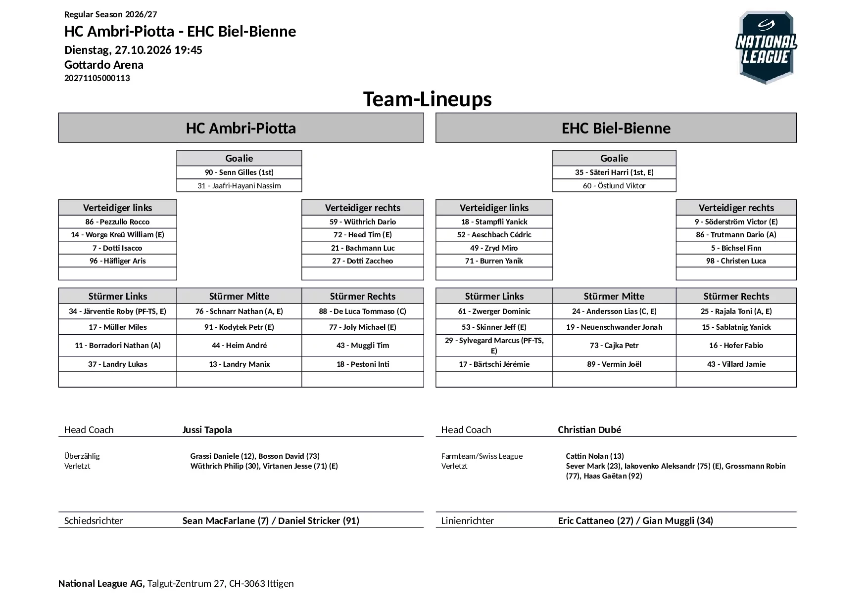 Formation des équipes et joueurs indisponibles pour le match HC Ambri-Piotta vs EHC Biel-Bienne