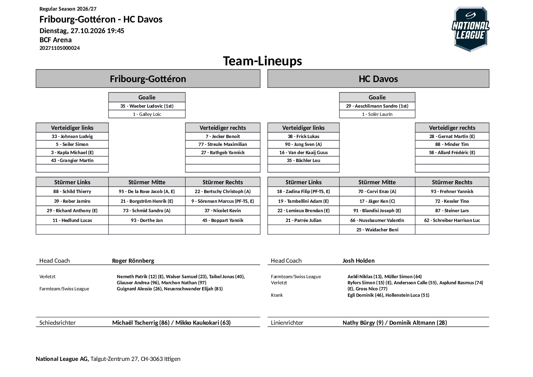 Formation des équipes et joueurs indisponibles pour le match Fribourg-Gottéron vs HC Davos