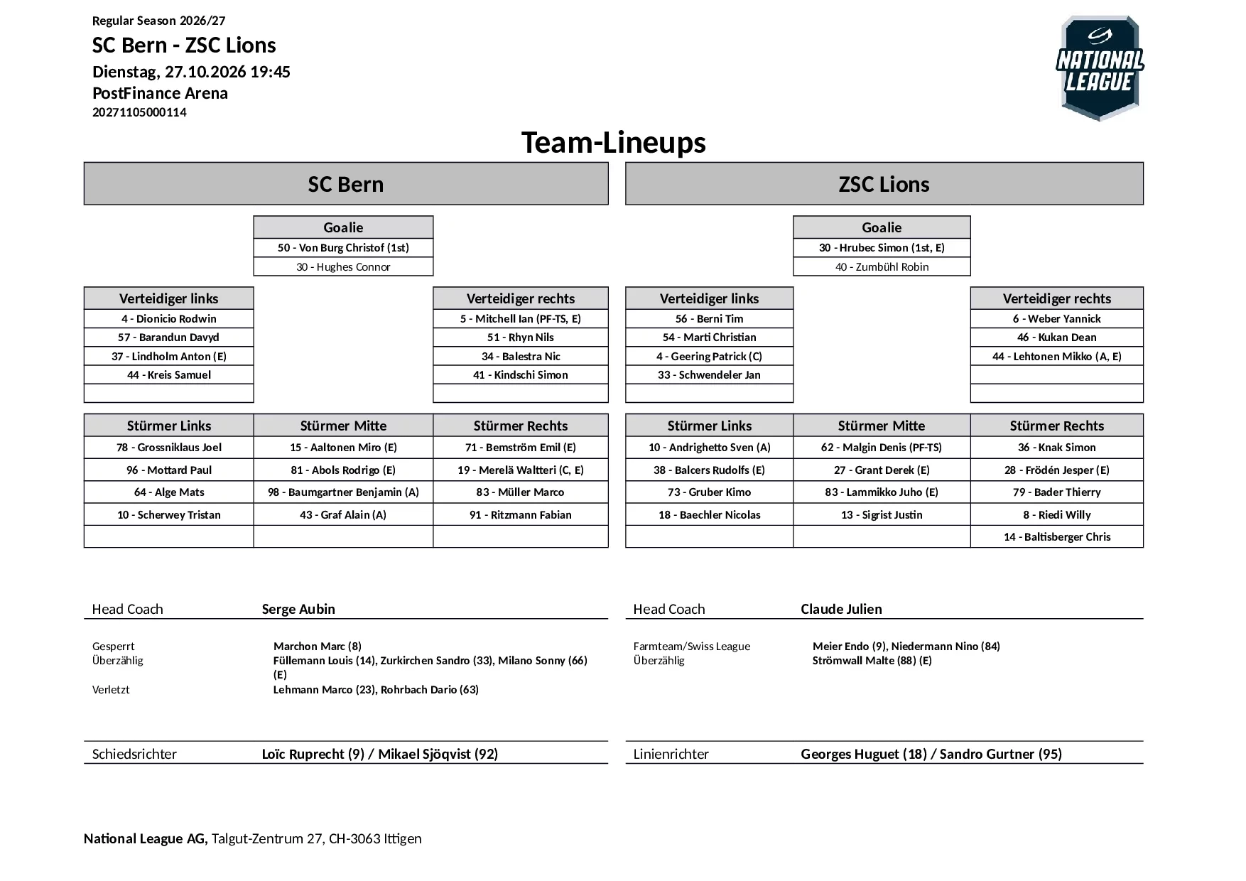 Formation des équipes et joueurs indisponibles pour le match SC Bern vs ZSC Lions