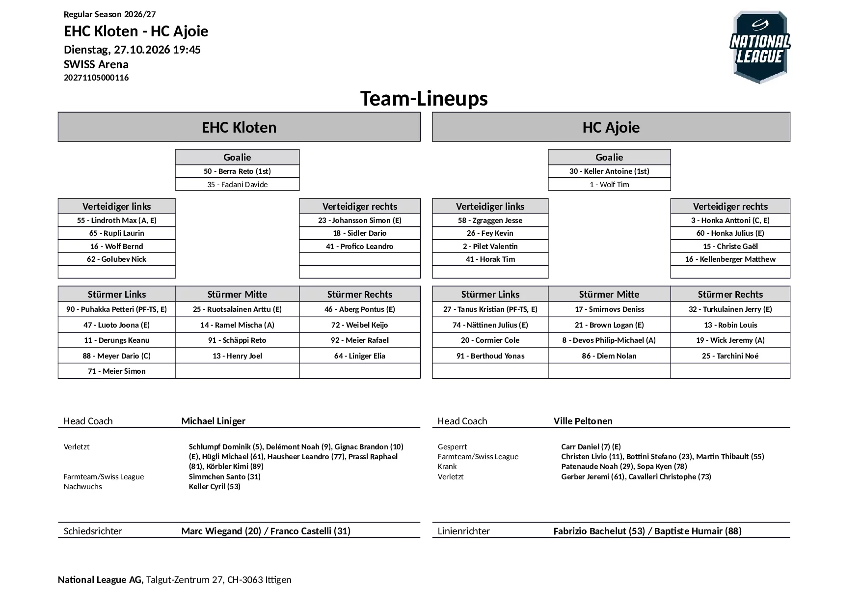 Formation des équipes et joueurs indisponibles pour le match EHC Kloten vs HC Ajoie