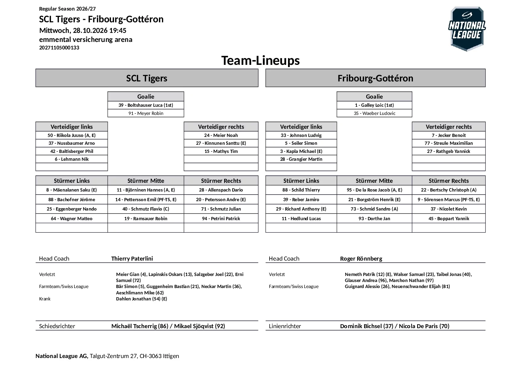 Formation des équipes et joueurs indisponibles pour le match SCL Tigers vs Fribourg-Gottéron