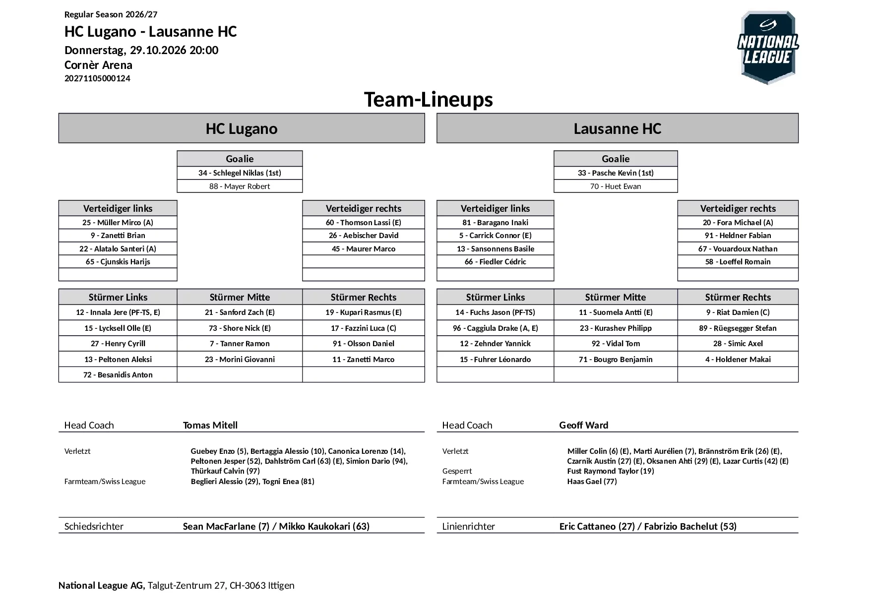 Formation des équipes et joueurs indisponibles pour le match HC Lugano vs Lausanne HC