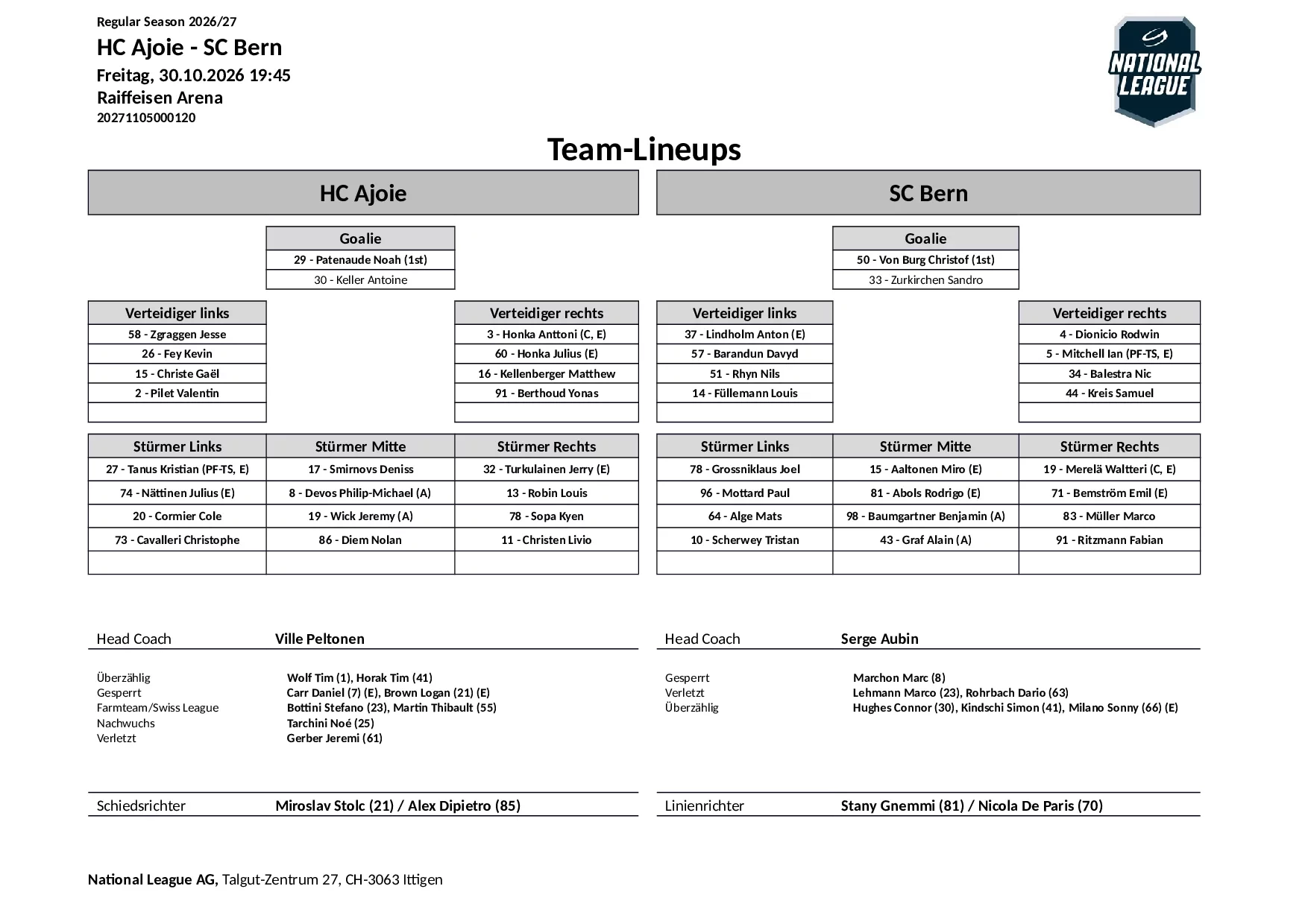 Formation des équipes et joueurs indisponibles pour le match HC Ajoie vs SC Bern