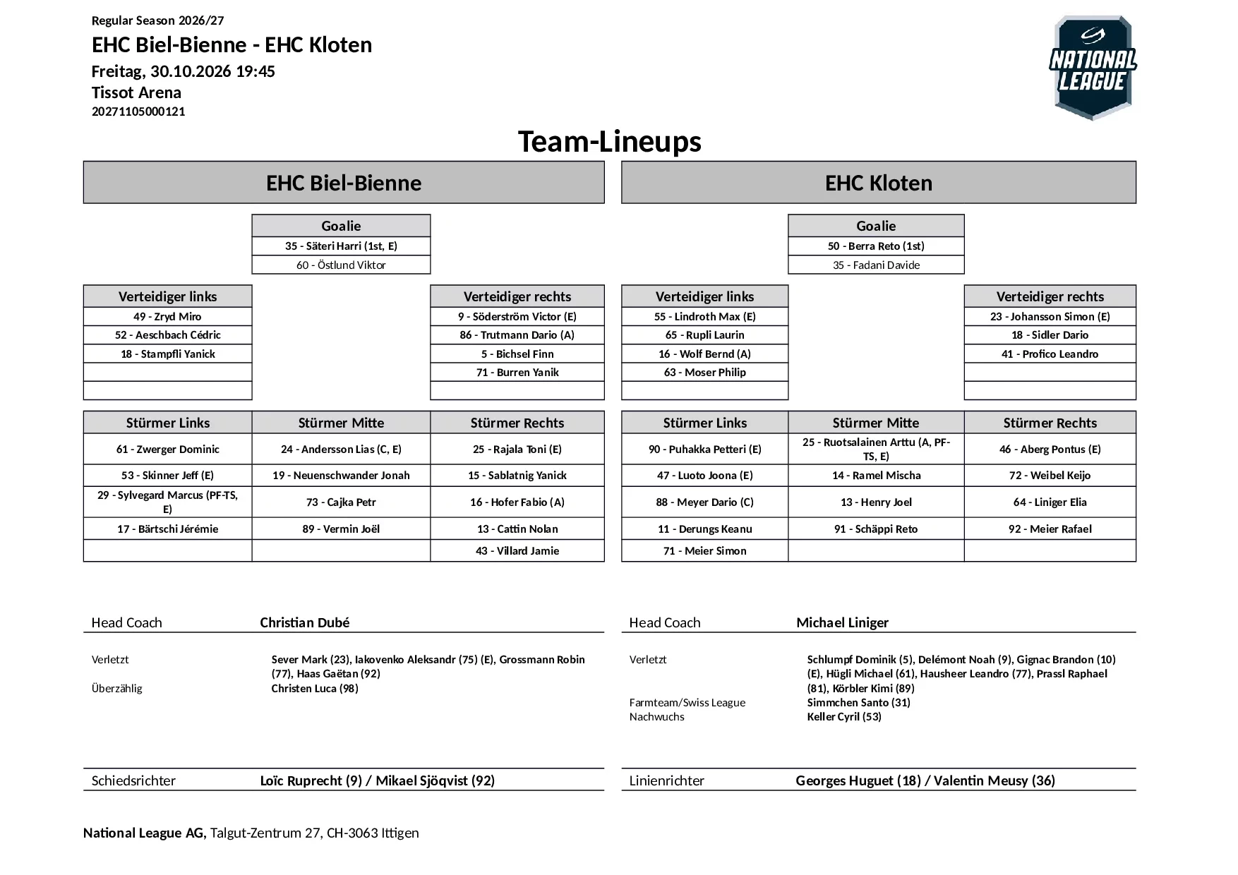 Formation des équipes et joueurs indisponibles pour le match EHC Biel-Bienne vs EHC Kloten