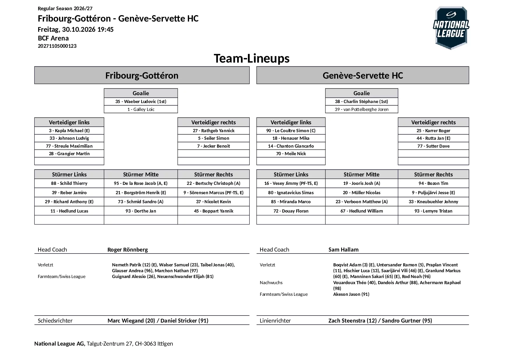 Formation des équipes et joueurs indisponibles pour le match Fribourg-Gottéron vs Genève-Servette HC