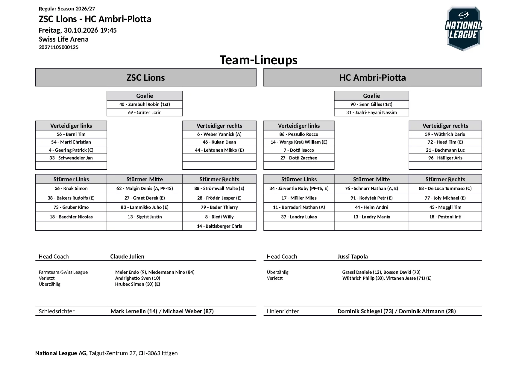 Formation des équipes et joueurs indisponibles pour le match ZSC Lions vs HC Ambri-Piotta