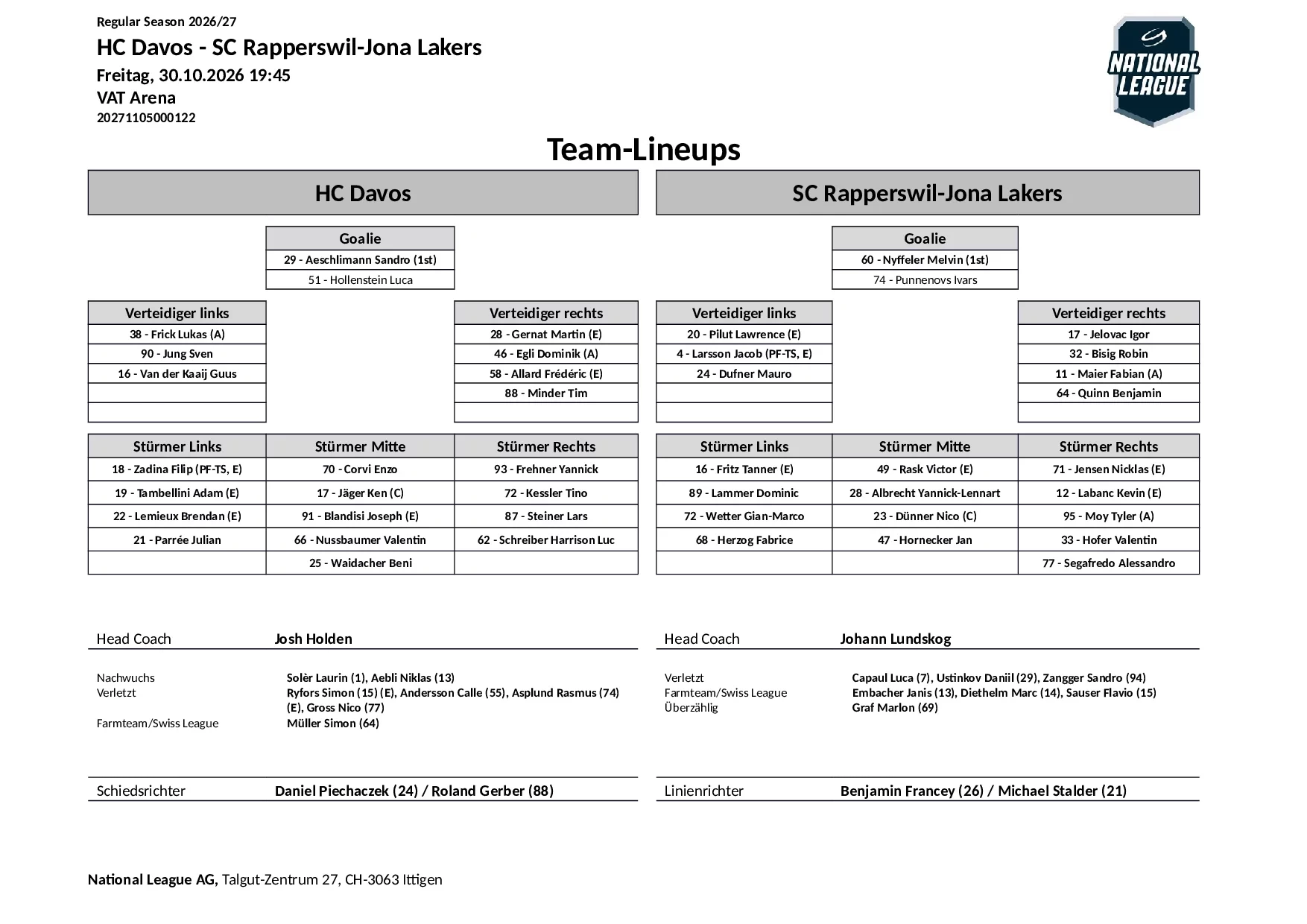Formation des équipes et joueurs indisponibles pour le match HC Davos vs SC Rapperswil-Jona Lakers