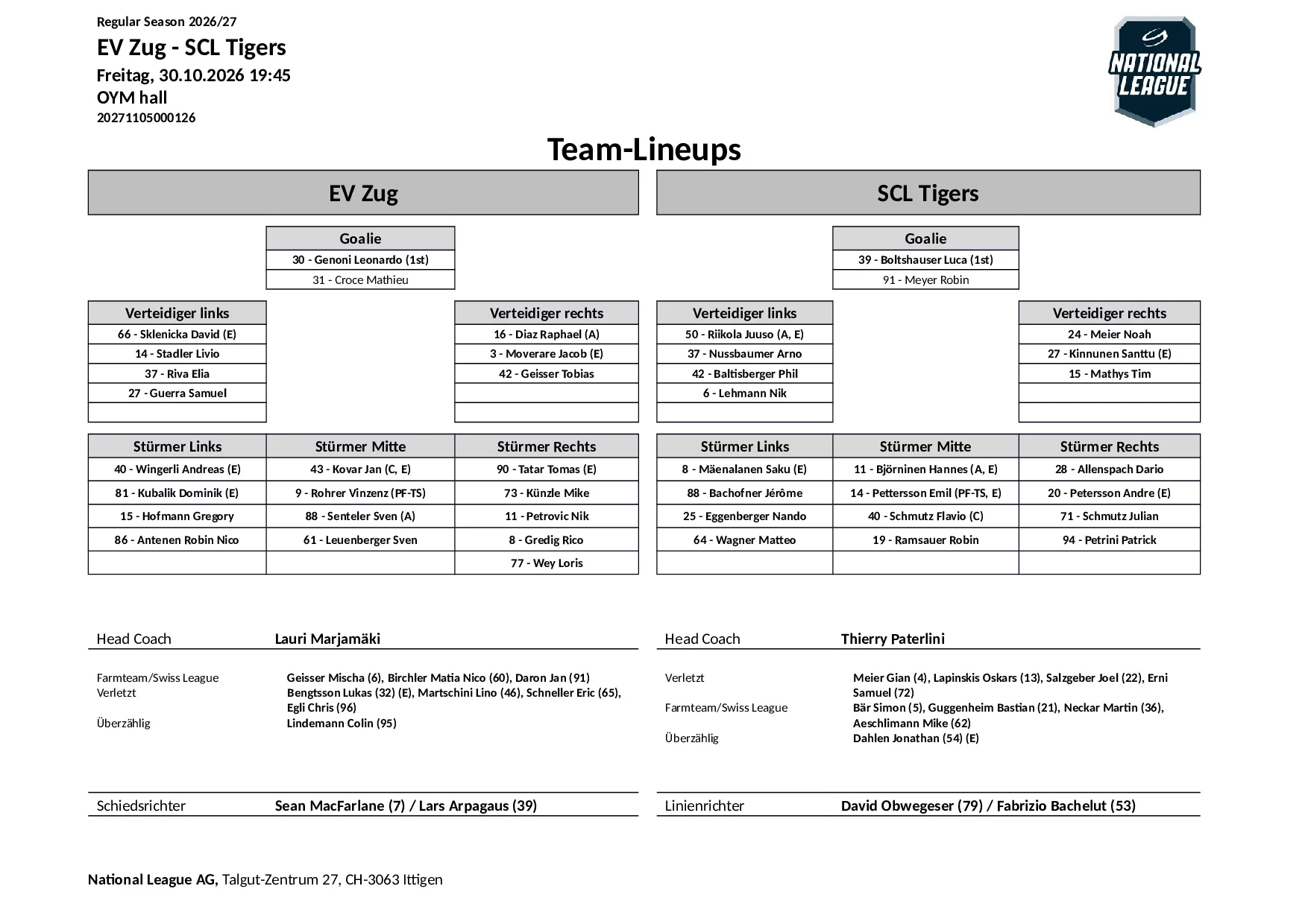 Formation des équipes et joueurs indisponibles pour le match EV Zug vs SCL Tigers