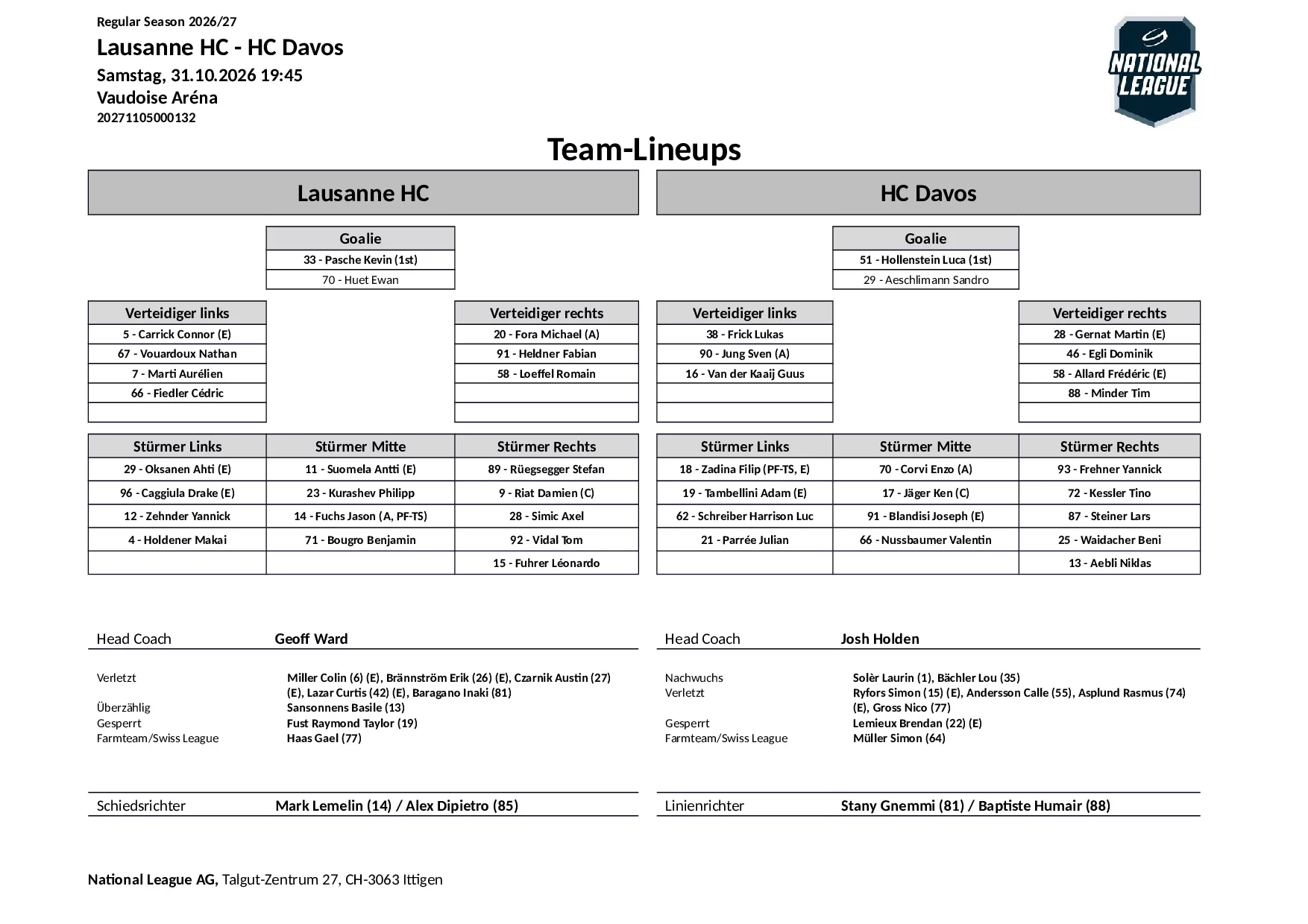 Formation des équipes et joueurs indisponibles pour le match Lausanne HC vs HC Davos