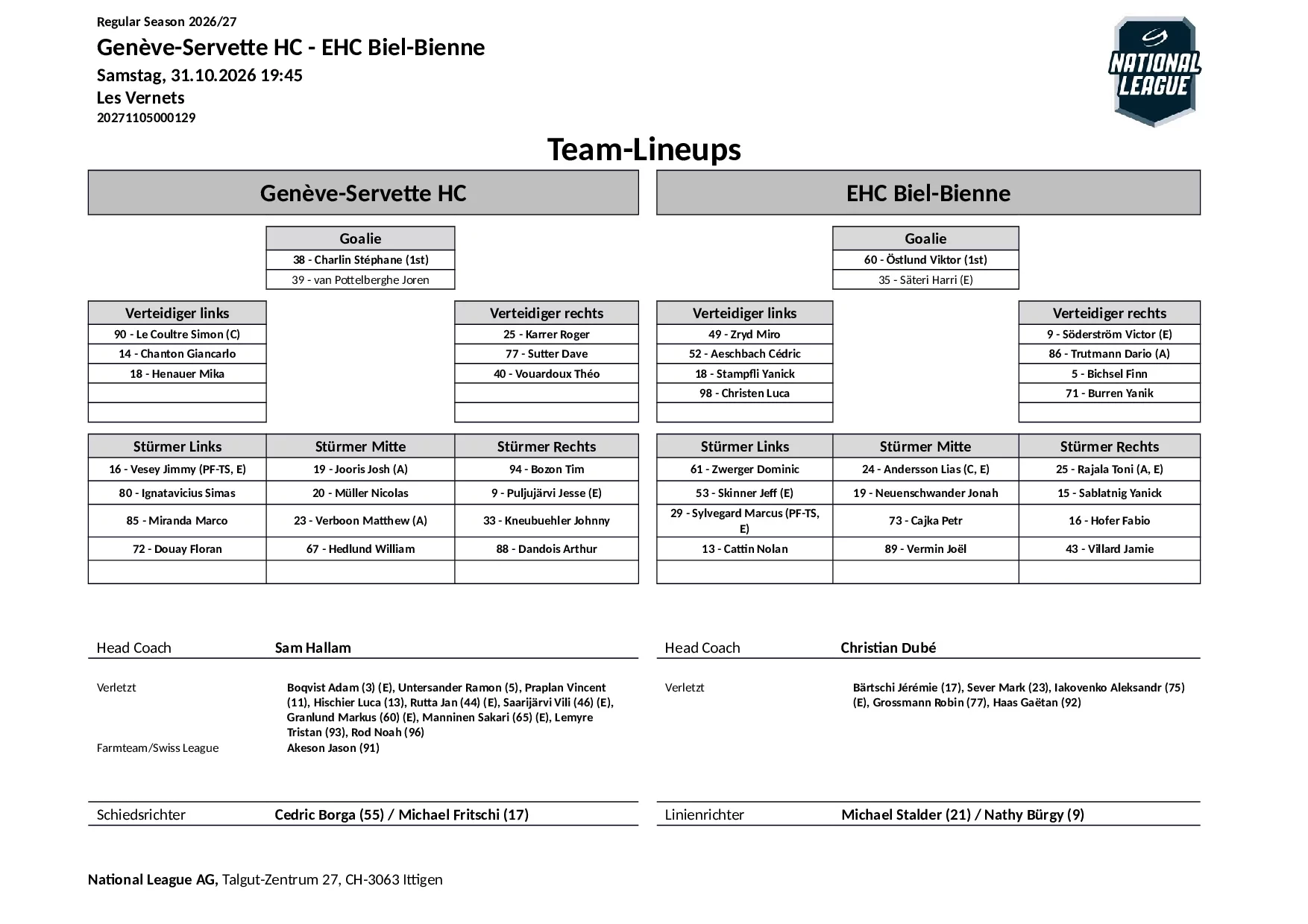 Formation des équipes et joueurs indisponibles pour le match Genève-Servette HC vs EHC Biel-Bienne