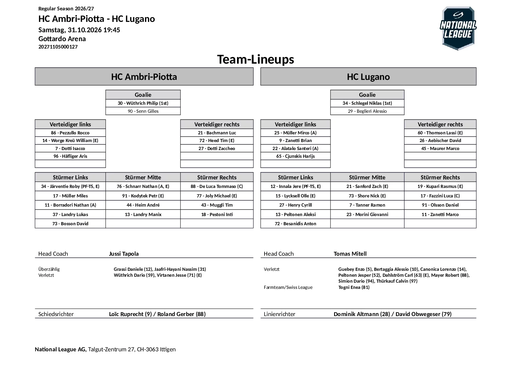 Formation des équipes et joueurs indisponibles pour le match HC Ambri-Piotta vs HC Lugano