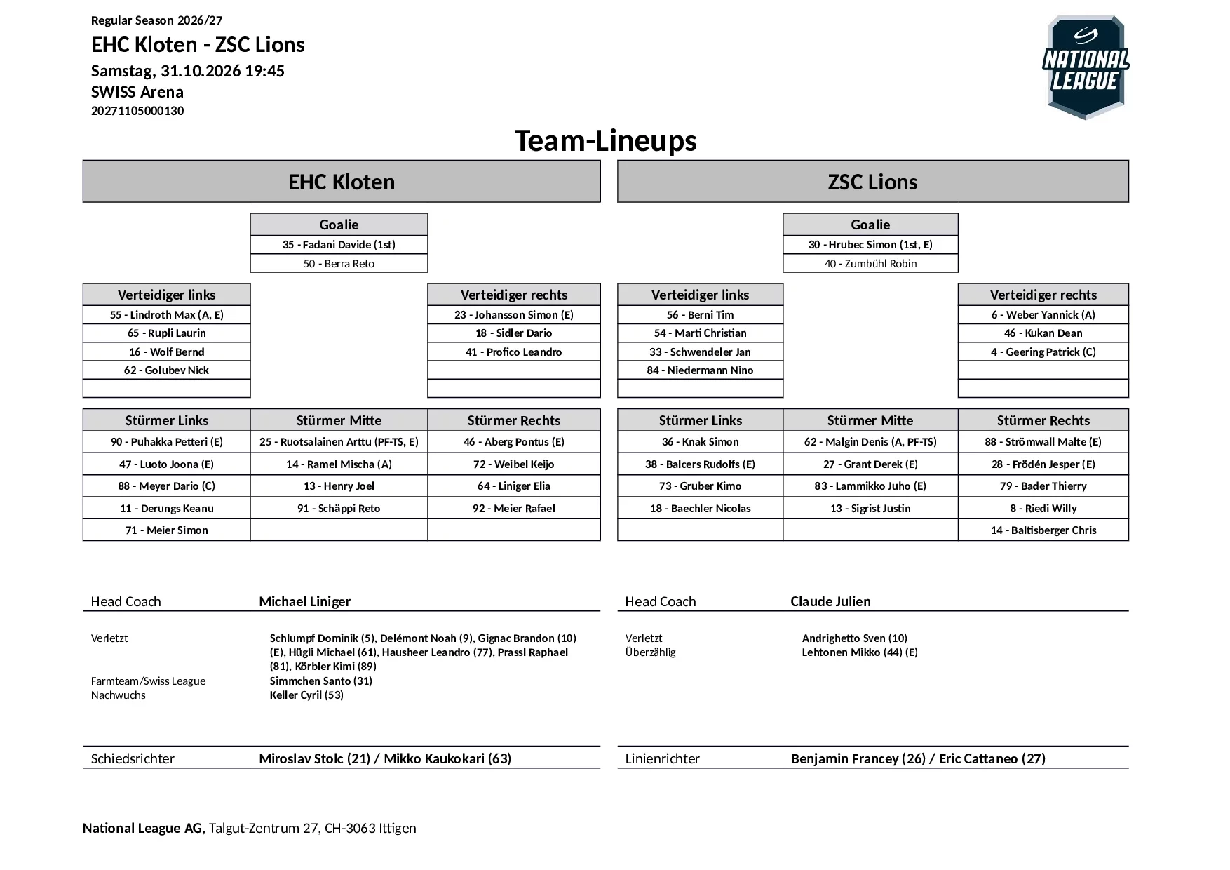 Formation des équipes et joueurs indisponibles pour le match EHC Kloten vs ZSC Lions