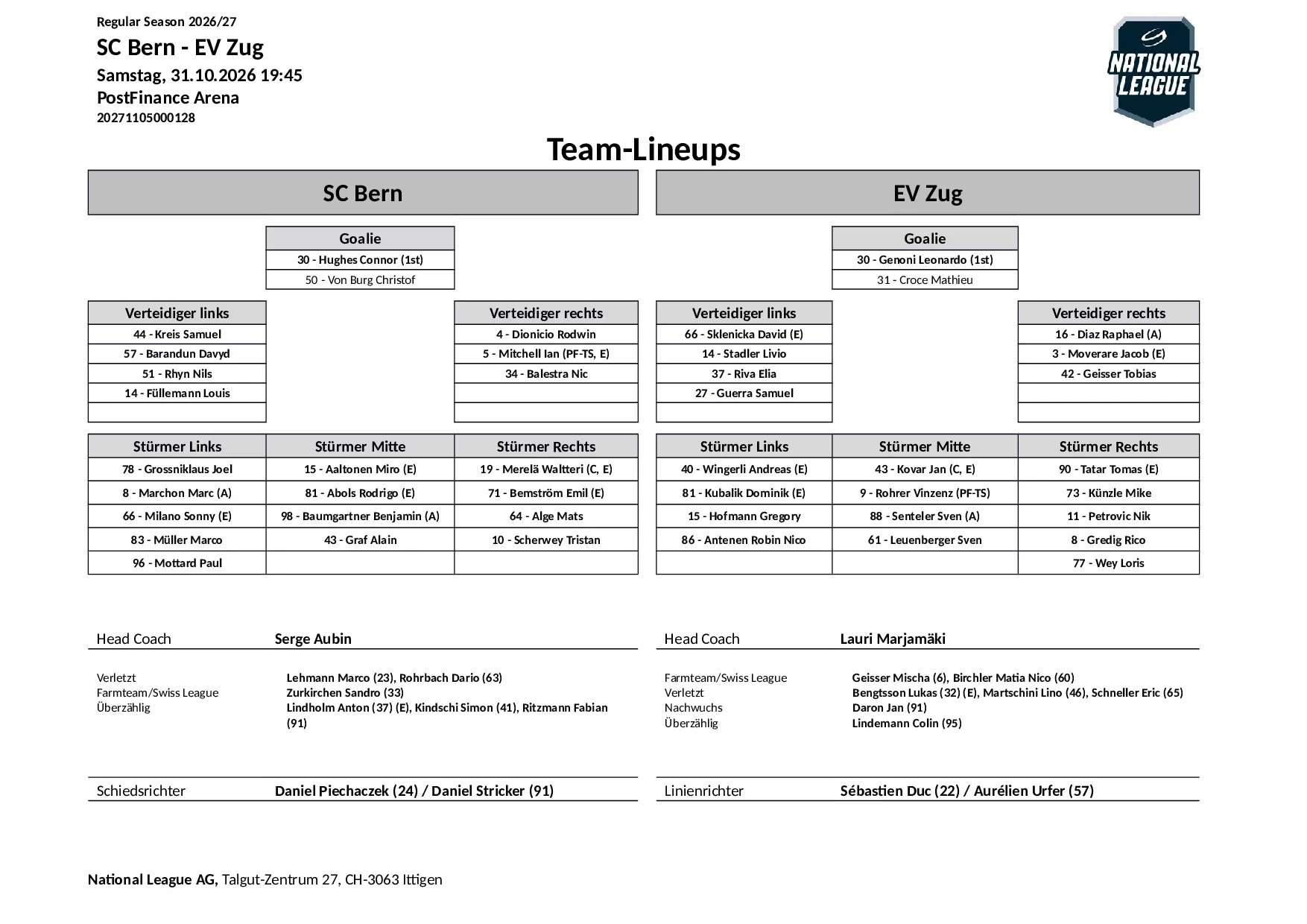 Formation des équipes et joueurs indisponibles pour le match SC Bern vs EV Zug