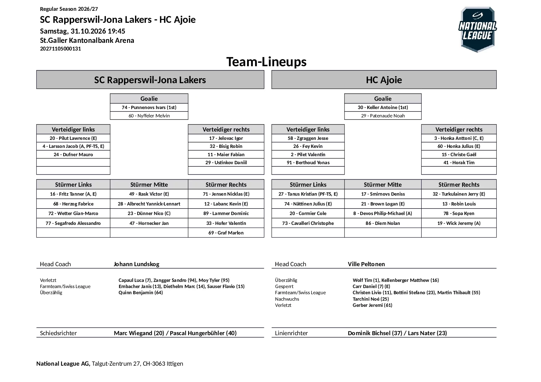 Formation des équipes et joueurs indisponibles pour le match SC Rapperswil-Jona Lakers vs HC Ajoie